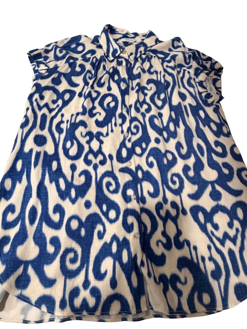 Rose & Olive Blue White Ikat Short Sleeve Blouse L - Picture 4 of 11